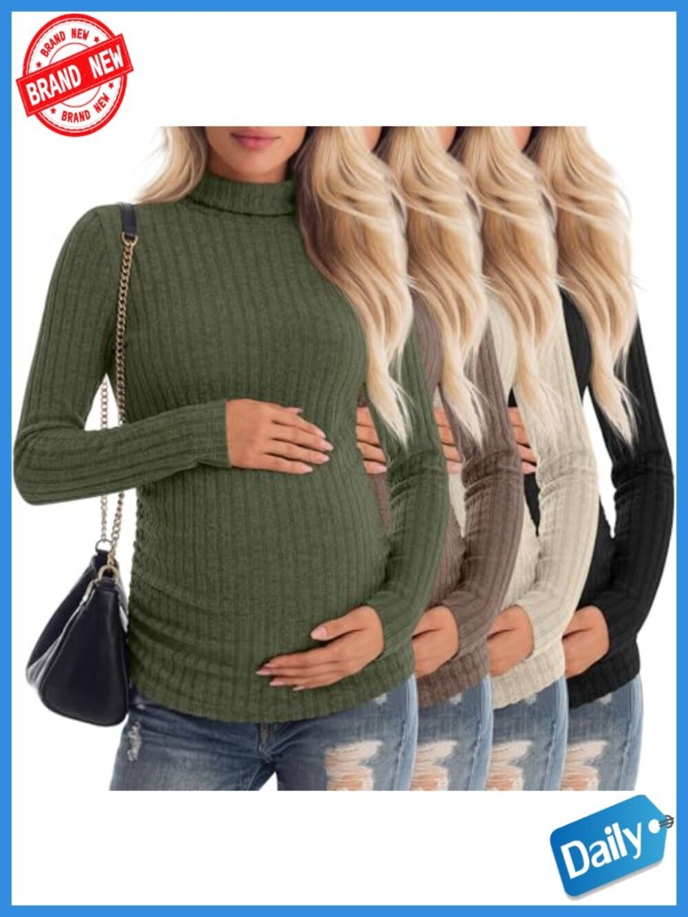 4 Pack Maternity Shirts Long Sleeve Mock Turtleneck Ribbed Side Ruched